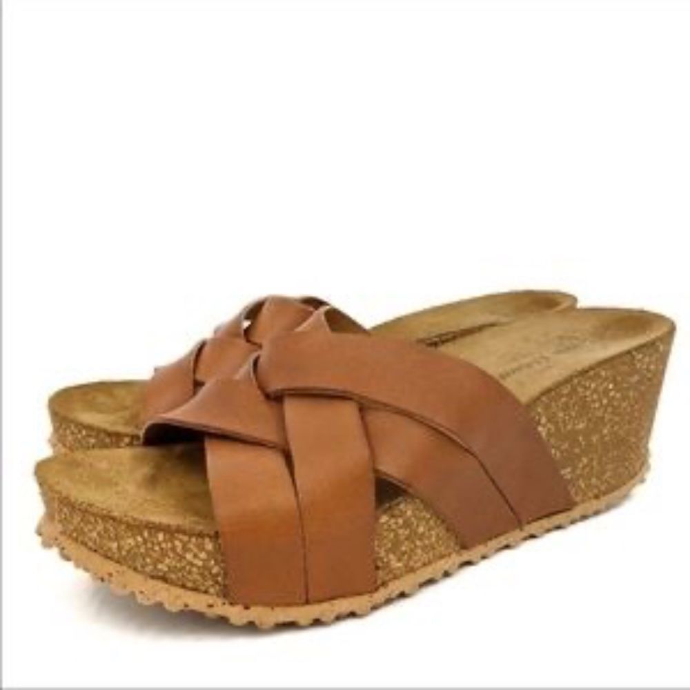 Anna‎ Fidanza Tan Leather Platform Mules Sz 8